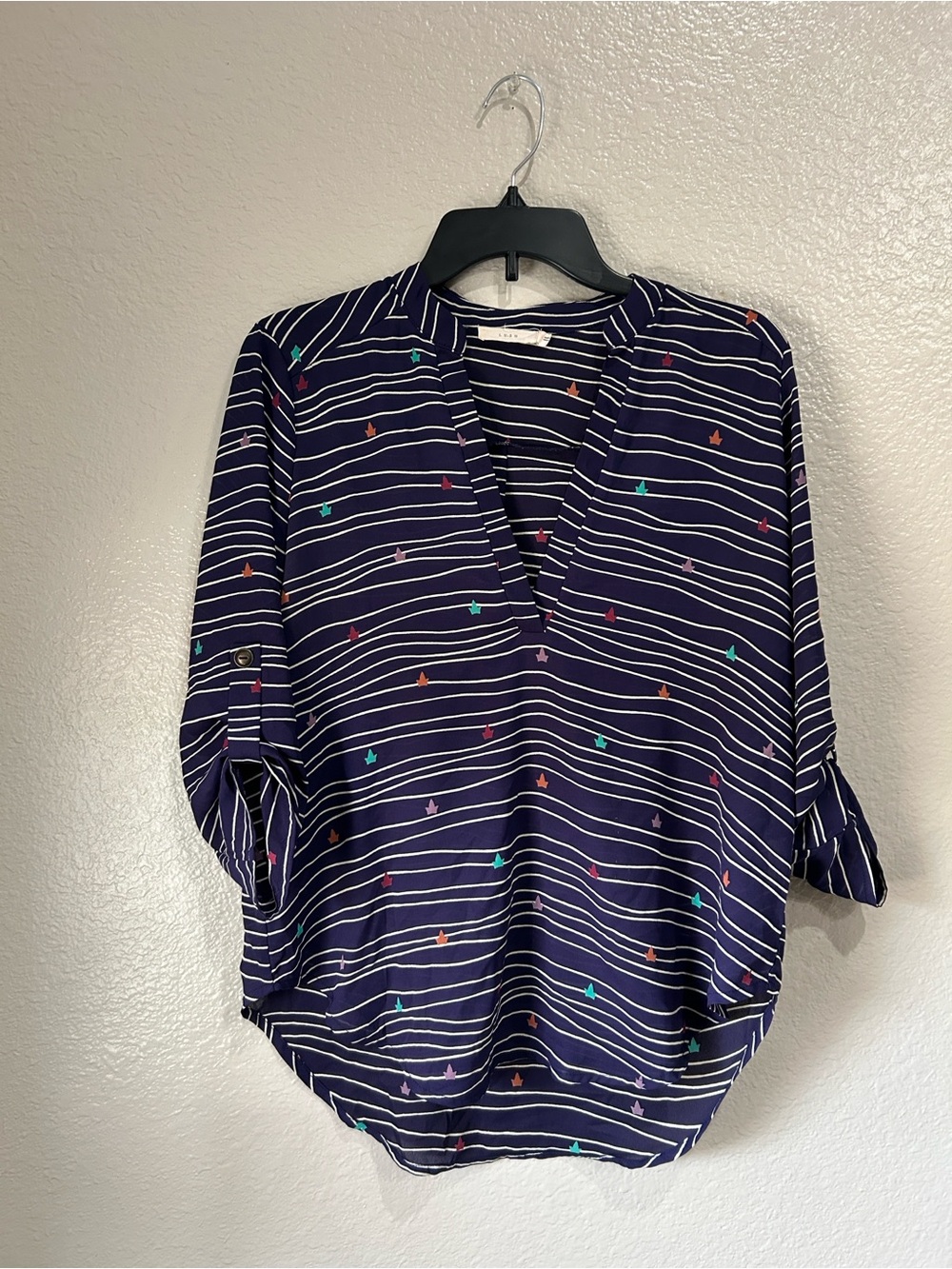 Lush Navy Striped V-Neck Blouse with Multicolor Accent Sz S Lightweight TC0138